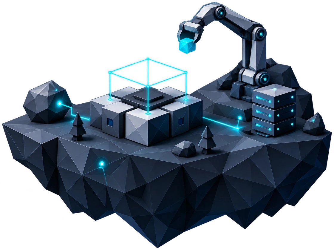 A robotic arm assembling a glowing digital crystal on a geometric island