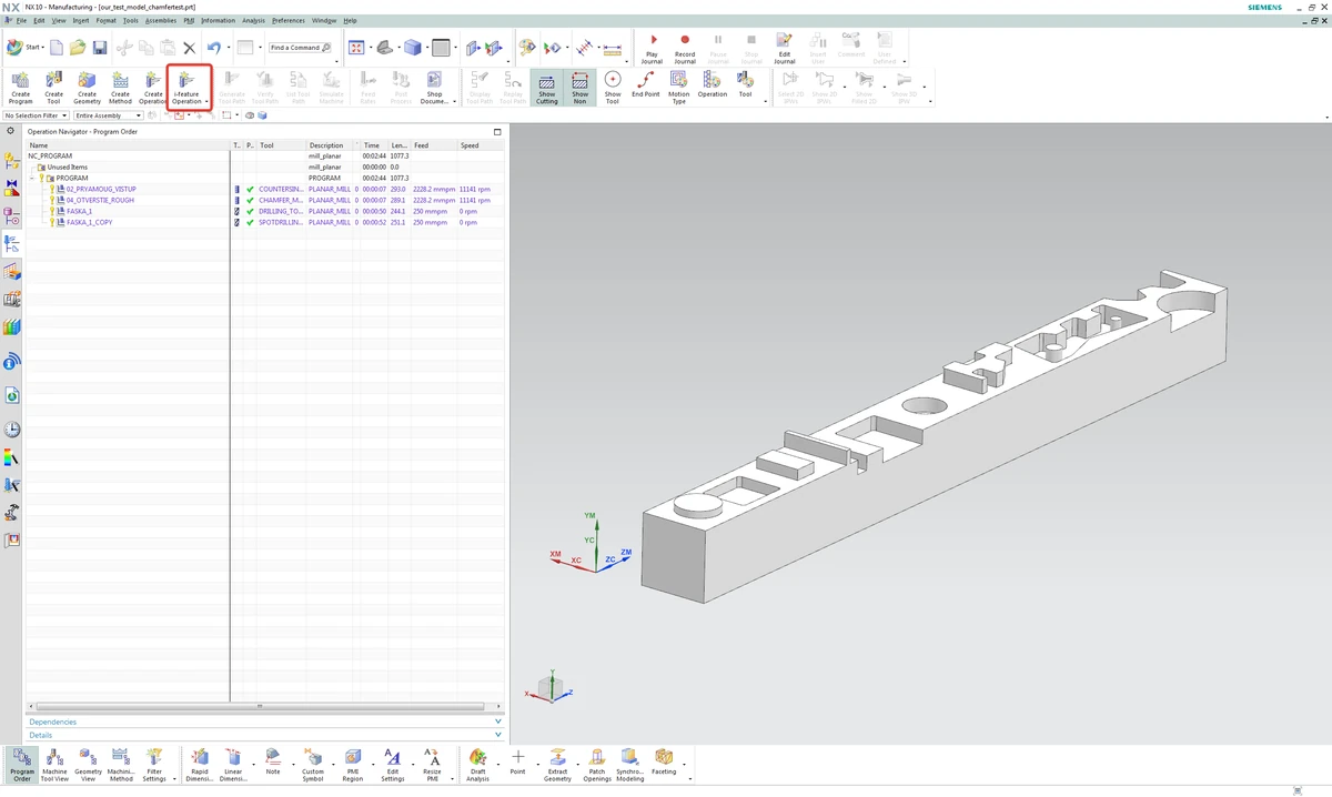 Siemens NX CAM showing the integrated i-feature operation button, operation navigator, and a demonstration part